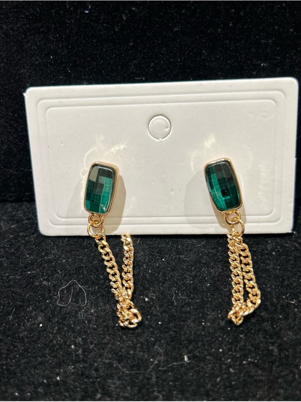Gold color Chain Drop Earrings with Emerald Color Green Stone